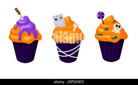 Happy Halloween Cupcakes im Cartoon-Stil. Gruselig verzierte Muffins, gruselige Süßigkeiten. Vektorillustration isoliert auf weißem Hintergrund. Stock Vektor