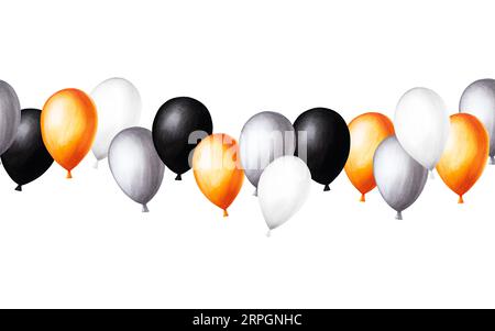 Aquarell Halloween nahtlose Banner mit Ballons Illustration. Handmalerei orange, schwarz, weiße Ballonskizze isoliert auf weißem Hintergrund. Für d Stockfoto