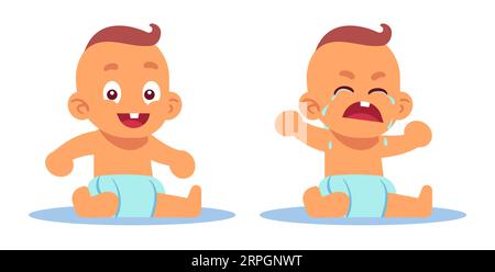 Fröhliches und weinendes Baby. Neugeborener Junge, der in Windel auf dem Boden sitzt. Glückliches und trauriges Kind. Kaukasisches Kleinkind. Kindliche unterschiedliche Emotionen. Cartoon flach isoliert Stock Vektor