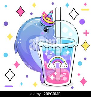 Niedlicher Comic-Delfin mit Einhorn-Stirnband und Regenbogendrink. Vektorillustration eines Tieres und einer Tasse bunten Wassers auf weißem Hintergrund. Stock Vektor