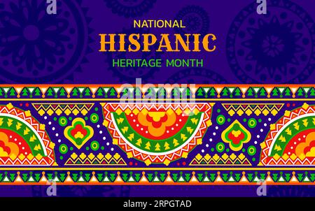 National Hispanic Heritage Month Festivalbanner mit buntem Blumenmuster. Mexikanisches oder spanisches nationales Festivalbanner, lateinamerikanisches Kultur-Karneval-Vektorplakat mit Stickornament Stock Vektor