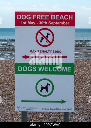 Die Schilder „Dog Free Beach“ und „Dogs Welcome“ markieren die Grenze zwischen den beiden am Worthing Beach, West Sussex, Großbritannien. Stockfoto