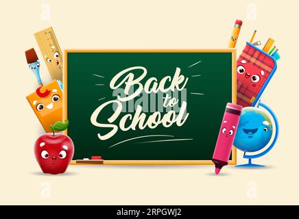 Zeichentrickschule Briefpapierfiguren mit Tafel. Begrüßungsplakat für die Schulanreise mit süßen Vektorpersönlichkeiten für Schülerbedarf. Happy Book, Lineal und Globe, Apfel, Pinsel, Marker und Class Tafel Stock Vektor