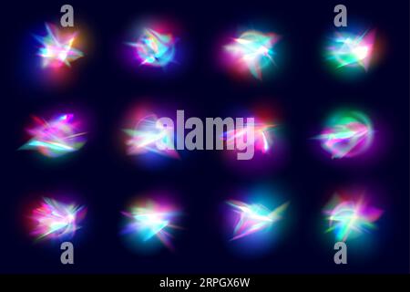 Rainbow-Kristalllichter, Prismenleck-Leuchteffekte aus Diamant, Glas, Edelstein mit Glitzern auf dunklem Hintergrund. Vektor-3D-Linsenreflexüberlagerung, Kristall-Prisma-irisierende Neonblendung mit Unschärfeeffekt Stock Vektor