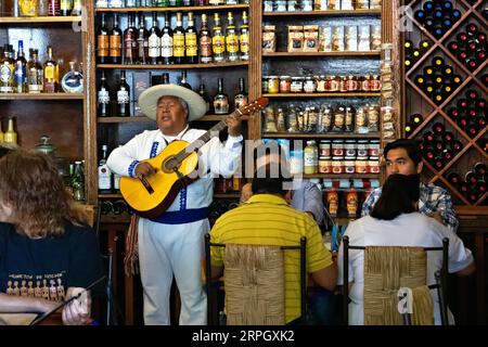 Ein mexikanischer Mariachi-Musiker spielt für Kunden im Restaurant La Surtidora auf der Plaza Vasco de Quiroga in Patzcuaro, Michoacan, Mexiko. Stockfoto