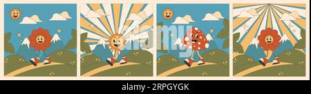 Ein Set grooviger Retro-Poster mit Hippie-Charakteren und Sonnenblumenpilz. Vektor-Grunge-Hintergründe, Groove-Stil 1970er Stock Vektor