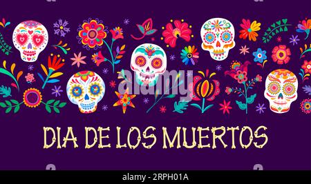 Cartoon-Zucker-Calavera-Schädel und tropische Blumen. Dia de los muertos Tag des toten mexikanischen Feiertags Banner. Vektor-Grußkarte mit Calaca-Köpfen und bunten Blüten im traditionellen alebrije-Stil Stock Vektor