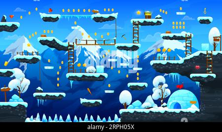 Karte für Winterspiele, ui-Design. Alpiner Vektor-Hintergrund mit Sprungplattformen, verschneiten Bäumen, Igloo- oder Eisgebäuden, Holzleitern und Wegweisern, Bonusmünzen und Vermögenswerten, hängenden Eisstielen Stock Vektor