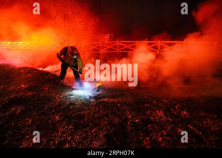 191025 -- LOS ANGELES, 25. Oktober 2019 -- Ein Feuerwehrmann arbeitet an einem Brandherd in Santa Clarita, dem US-Bundesstaat Kalifornien, 24. Oktober 2019. Am Donnerstag brannten in Kalifornien Dutzende von Gebäuden nieder und Zehntausende von Einwohnern mussten ihre Häuser evakuieren. U.S.-CALIFORNIA-WILD FIRE LixYing PUBLICATIONxNOTxINxCHN Stockfoto