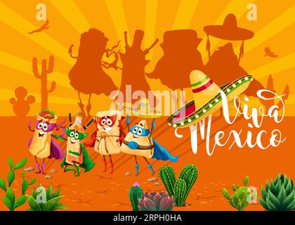 Viva Mexico-Banner mit mexikanischen tex-mex-Charakteren in der Wüste. Cartoon Food Superhelden, die zu Feiertagen einladen. Tamales, Tequila, Quesadilla, Burrito-Verteidiger in Masken und Capes Stock Vektor