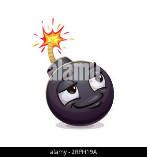 Cartoon Bomb-Figur. Explosive, waffenfähige Persönlichkeit mit traumhaftem Ausdruck und brennender Verschmelzung, die Vorfreude und Unfug ausstrahlt. Isoliertes vektorskurriles Emoji-Gesicht, Tag träumend mit Kopf in Wolken Stock Vektor