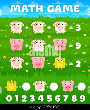 Zeichentrickfigur quadratische Kuh-, Schweine- und Hühnerfiguren mathematisches Arbeitsblatt. Vektormathematik-Quiz-Seite mit lustigen Nutztieren auf grünem Feld. Rätsel für die Kindererziehung und das Erlernen arithmetischer Gleichungen Stock Vektor
