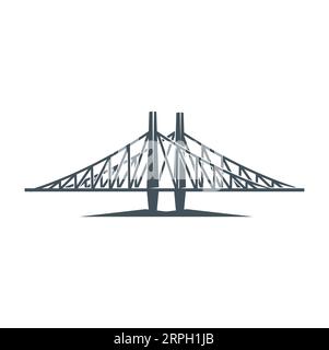 Brückensymbol des Vektorviadukts über dem Fluss. Straßen- oder Straßenhängebrücke isolierte Silhouette mit Stahltürmen, Säulen und Kabeln. Moderne Stadtarchitektur oder Reisethemen Stock Vektor