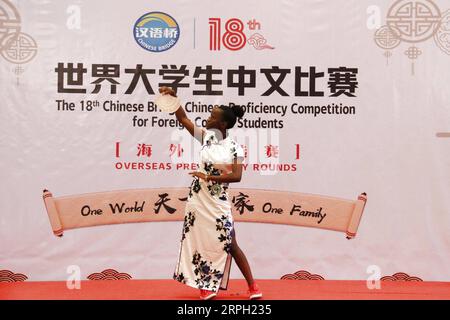191027 -- PEKING, 27. Oktober 2019 -- Ein Student nimmt am 18. Chinese-Bridge Chinese Proficiency Competition for College Students in Windhoek, der Hauptstadt Namibias, am 23. April 2019 Teil. Xinhua Schlagzeilen: Die chinesische Sprache gewinnt in Afrika an Attraktivität, da die Vorteile wachsen WuxChangwei PUBLICATIONxNOTxINxCHN Stockfoto