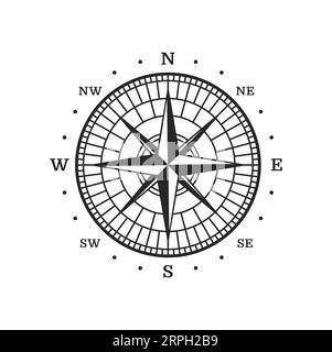 Alter Kompass, alte Karte, Windrosenstern, Seefahrt und Vektorsymbol der nautischen Navigation. Vintage-Kompass mit Pfeilen in Nord-West- und Ost-Süd-Richtung, Seekartografie und Seefahrerwind Stock Vektor