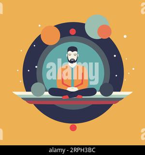 Mann mit Bart in Yoga-Lotus-Pose, Konzeptkunst, minimalistisches flaches Design, isoliert vom Hintergrund, kreative Vektorillustration. Stock Vektor