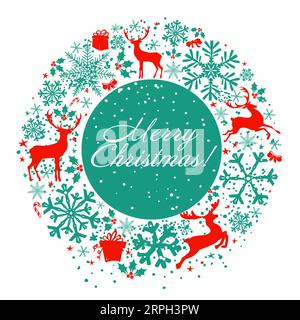 Abstrakte Weihnachtshirsche und Schneeflocken. Postkarte „Frohe Weihnachten rund“. Vektorillustration Stock Vektor