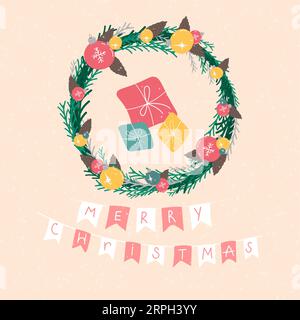 Weihnachtskarte mit Weihnachtskranz und Geschenken auf beigem Hintergrund mit Schneeflocken. Stock Vektor