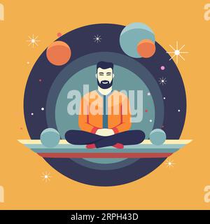 Mann mit Bart in Yoga-Lotus-Pose, Konzeptkunst, minimalistisches flaches Design, isoliert vom Hintergrund, kreative Vektorillustration. Stock Vektor