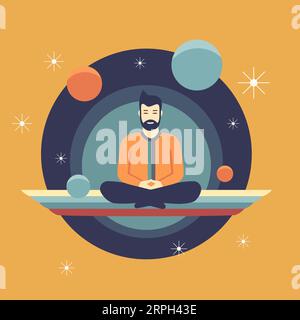 Mann mit Bart in Yoga-Lotus-Pose, Konzeptkunst, minimalistisches flaches Design, isoliert vom Hintergrund, kreative Vektorillustration. Stock Vektor