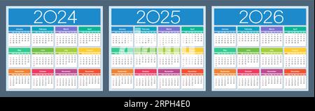 Farbenfroher Kalender für 2024, 2025 und 2026 Jahre. Die Woche beginnt am Sonntag. Isolierte Vektordarstellung. Stock Vektor