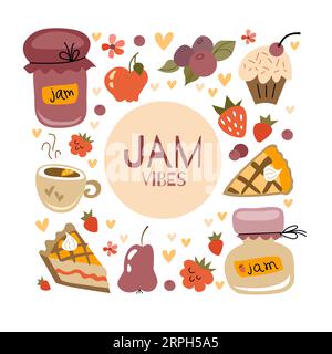 Set mit Beerenkonfitüren in Gläsern in flacher Ausführung. Perfekt für Scrapbooking, Grußkarte, Partyeinladung, Poster, Tag, Aufklebersatz. Stock Vektor