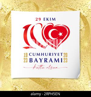 Republik Tag der Türkei Oktober 29 100 Jahre. Nummer 100 mit türkischer Flagge in Herzform. Grußkartendesign zum 100. Geburtstag 1923-2023. Glänzendes Gold Stock Vektor