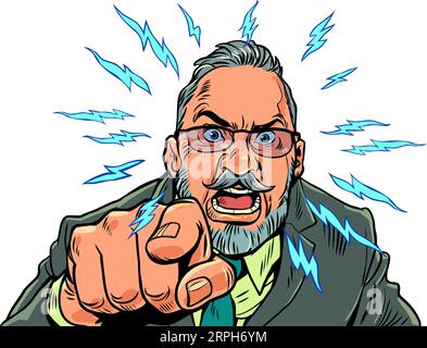 Schlechtes Firmenmanagement. Mitarbeiter melden. Kundenunzufriedenheit. Ein erwachsener Mann mit Brille schreit und wartet. Pop Art Retro Stock Vektor