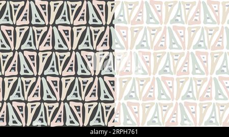 Dreiecksform Ethno nahtlose Muster, 2er-Set. Hand gezeichnetes geometrisches Raster mit Doodle-Pinsel, modernes, künstlerisches monochromes skandinavisches Design Stock Vektor