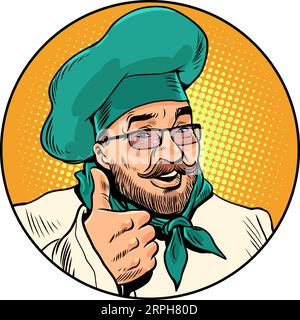 Empfehlung des Küchenchefs. Logo für ein Restaurant. Ein Mann mit Bart und Gläsern in Form eines Kochs zeigt einen Daumen nach oben. Pop Art Retro Stock Vektor