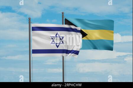 Die Flagge der Bahamas und Israels weht im Wind am blauen Himmel zusammen, ein Konzept der Zusammenarbeit zwischen den beiden Ländern Stockfoto