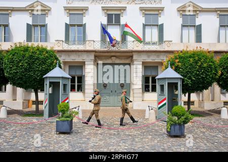 Wachposten, die die südwestliche Schlosstür des Sandor-Palastes (der offiziellen Residenz des ungarischen Präsidenten) in Budapest, Ungarn, bewachen Stockfoto