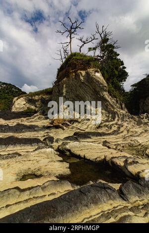 Arasaki Park Benten Island - Arasaki ist eine wunderschöne felsige Küste, die von den Kräften der Natur geschaffen wurde. Das Sunset Hill Observatory bietet einen Blick auf den Fuj Stockfoto