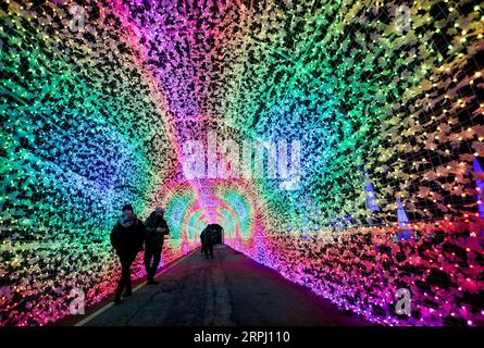 191122 -- VANCOUVER, 22. November 2019 Xinhua -- Menschen laufen während des Aurora Winter Festivals in Vancouver, Kanada durch einen Lichttunnel. Nov. 2019. Auf 15 Hektar Fläche verwandelt sich das Aurora Winter Festival mit Lichterscheinungen und Urlaubsattraktionen in ein Winterwunderland. Foto von Liang Sen/Xinhua CANADA-VANCOUVER-WINTER-FESTIVAL PUBLICATIONxNOTxINxCHN Stockfoto