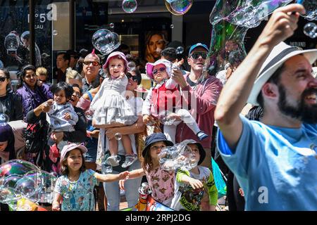 191124 -- PEKING, 24. November 2019 -- Menschen sehen sich eine Blasenshow während der jährlichen Weihnachtsparade in Wellington, Neuseeland, am 23. November 2019 an. XINHUA-FOTOS DES TAGES GuoxLei PUBLICATIONxNOTxINxCHN Stockfoto