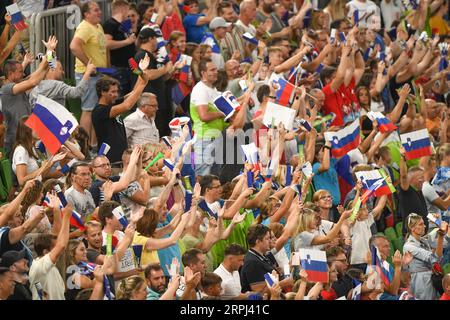 Slowenische Fans bei der Volleyball-Weltmeisterschaft 2022. Arena Stozice, Ljubljana Stockfoto