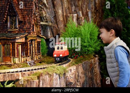 191127 -- NEW YORK, 27. Nov. 2019 -- Ein Kind schaut sich einen Modellzug auf der Holiday Train Show im New York Botanical Garden in New York, USA, 26. Nov. 2019 an. Der New York Botanical Garden beginnt mit seiner jährlichen Zugausstellung in die Weihnachtszeit. In der 28. Auflage der Veranstaltung werden die Besucher in eine Miniaturmetropole entführt, während Modellzüge durch eine bezaubernde Ausstellung von mehr als 175 Sehenswürdigkeiten in New York City fahren, die jeweils mit Rinde, Lotusschoten, Eicheln, Zimtstäbchen und anderen natürlichen Materialien nachgebaut wurden. Die diesjährige Show dauert vom 23. November 2019 bis zum 26. Januar 2 Stockfoto