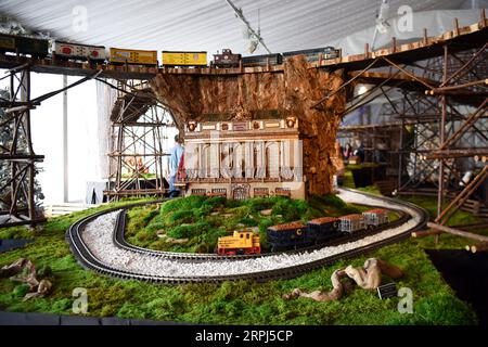 191127 -- NEW YORK, 27. Nov. 2019 -- Modellzüge fahren an der Miniatur Grand Central Ternimal bei der Holiday Train Show im New York Botanical Garden in New York, USA, 26. Nov. 2019 vorbei. Der New York Botanical Garden beginnt mit seiner jährlichen Zugausstellung in die Weihnachtszeit. In der 28. Auflage der Veranstaltung werden die Besucher in eine Miniaturmetropole entführt, während Modellzüge durch eine bezaubernde Ausstellung von mehr als 175 Sehenswürdigkeiten in New York City fahren, die jeweils mit Rinde, Lotusschoten, Eicheln, Zimtstäbchen und anderen natürlichen Materialien nachgebaut wurden. Die diesjährige Show dauert von Stockfoto