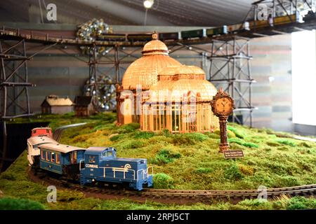 191127 -- NEW YORK, 27. November 2019 -- Ein Modellzug fährt am Miniatur-Enid A. Haupt Conservatory bei der Holiday Train Show im New York Botanical Garden in New York, USA, 26. November 2019 vorbei. Der New York Botanical Garden beginnt mit seiner jährlichen Zugausstellung in die Weihnachtszeit. In der 28. Auflage der Veranstaltung werden die Besucher in eine Miniaturmetropole entführt, während Modellzüge durch eine bezaubernde Ausstellung von mehr als 175 Sehenswürdigkeiten in New York City fahren, die jeweils mit Rinde, Lotusschoten, Eicheln, Zimtstäbchen und anderen natürlichen Materialien nachgebaut wurden. Die letzte Show dieses Jahres Stockfoto