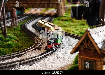 191127 -- NEW YORK, 27. November 2019 -- Ein Modellzug fährt aus dem Miniatur-Grand Central Ternimal bei der Holiday Train Show im New York Botanical Garden in New York, USA, 26. November 2019. Der New York Botanical Garden beginnt mit seiner jährlichen Zugausstellung in die Weihnachtszeit. In der 28. Auflage der Veranstaltung werden die Besucher in eine Miniaturmetropole entführt, während Modellzüge durch eine bezaubernde Ausstellung von mehr als 175 Sehenswürdigkeiten in New York City fahren, die jeweils mit Rinde, Lotusschoten, Eicheln, Zimtstäbchen und anderen natürlichen Materialien nachgebaut wurden. Die Show dauert dieses Jahr an Stockfoto