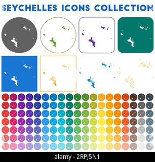 Seychelles Icons Kollektion. Farbenfrohe, trendige Kartensymbole. Modernes Seychellen-Badge mit Inselkarte. Vektorillustration. Stock Vektor