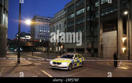 191129 -- LONDON, 29. November 2019 Xinhua -- Ein Polizeibeamter steht in der Nähe der London Bridge nach einem Angriff in London, Großbritannien, am 29. November 2019 auf Wache. Ein Knifeman wurde am Freitag von Polizeibeamten in der London Bridge erschossen. Eine Reihe von Menschen wurden von dem Mann erstochen und der Angriff wurde als Terrorvorfall behandelt, sagte die Polizei. London Bridge wurde geschlossen. Die Polizei sagte auch, dass der Verdächtige einen Hoax-Sprengsatz trug. Foto von Isabel Infantes/Xinhua BRITAIN-LONDON-ATTACK PUBLICATIONxNOTxINxCHN Stockfoto