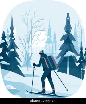 Männer, die im Winterwald über weiß Ski fahren Stock Vektor