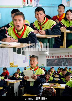 191204 -- ÜRÜMQI, 4. Dezember 2019 -- Kombo-Foto aufgenommen am 20. November 2019 zeigt Imin s älteren Sohn C, oberes Foto und jüngeren Sohn Front, unteres Foto Teilnahme am Unterricht an der Nr. 1 Mittelschule des Yutian County, Nordwestchinas autonome Region Xinjiang Uygur. Bevor er am 17. Und 18. November dieses Jahres in die neue Siedlung zog, lag das Haus des Schafhirten Imin im Herzen der Taklimakan-Wüste, der zweitgrößten Sandwüste der Welt. Seit Hunderten von Jahren siedeln sich Imins Vorfahren am Keriya River an, der von Süden nach Norden in das Herz endloser Sanddünen fließt, die sich verzweigen Stockfoto