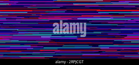 Nahtloses, farbenfrohes Muster mit zufälligen Linien. Neon-tv-Rauschmuster. Hintergrundmuster für horizontale unregelmäßige Linien. Hintergrundbild „Fehler oder Fehler“. Vektorillustration. Stock Vektor