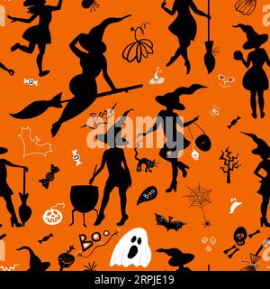 Halloween Hexenillustrationssammlung auf orangem Hintergrund Stockfoto