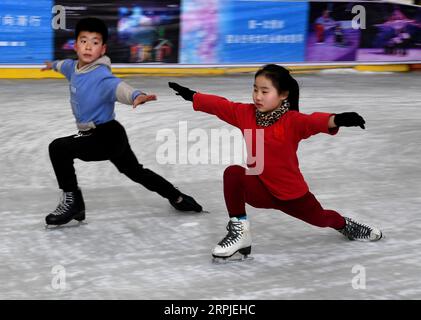 191207 -- XINCAI, 7. Dezember 2019 -- Schüler üben Grundkenntnisse auf Eis an einer Berufsschule für Kunst auf Eis im Xincai County, Provinz Henan in Zentralchina, 5. Dezember 2019. Insgesamt 69 Schüler im Alter von 4 bis 19 Jahren üben hier täglich die Grundfertigkeiten und erhalten eine Programmschulung auf Eis. Ihre Bemühungen haben sich mit auf Eis stattfindenden und vielfach ausgezeichneten Aufführungen im in- und Ausland ausgezahlt. CHINA-HENAN-XINCAI COUNTY-STUDENT-SHOW AUF ICE CN LIXAN PUBLICATIONXNOTXINXCHN Stockfoto