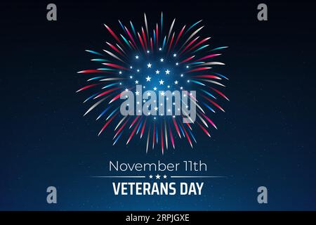 Veteranen Tag 11. november, Vorlage amerikanisches Feuerwerk blauer Himmel Hintergrund. Feuerwerk US-Flagge. November Happy Veterans Day, USA National Holiday Stock Vektor