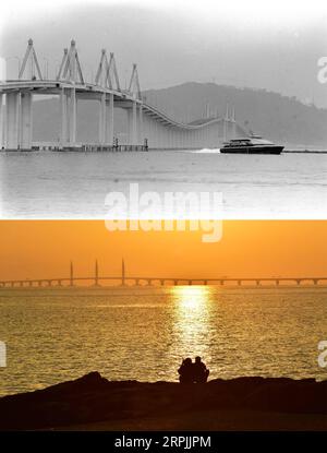 191212 -- PEKING, 12. Dezember 2019 -- dieses Kombinationsfoto zeigt einen Blick auf die Ponte de Amizade Bridge of Friendship in Macao, Südchina Top, Foto von Tang Mengzong, archiviert am 31. Dezember 1995 und die Hong Kong-Zhuhai-Macao Bridge aus Macau, Südchina am 22. Oktober 2018 unten, Foto von Yin Bogu. Am 20. Dezember wird Macau den 20. Jahrestag seiner Rückkehr ins Mutterland feiern. In den letzten zwei Jahrzehnten hat die besondere Verwaltungsregion große Fortschritte in der wirtschaftlichen Entwicklung gemacht und Wohlstand und Stabilität unter dem Grundsatz ein Land, zwei Systeme erreicht. Seit Dem 20. Dezember 1999 Stockfoto