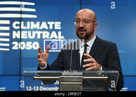 191213 -- BRÜSSEL, 13. Dezember 2019 -- Charles Michel, Präsident des Europäischen Rates, spricht auf einer Pressekonferenz nach dem EU-Gipfel am 13. Dezember 2019 im EU-Hauptsitz in Brüssel, Belgien. BELGIEN-BRÜSSEL-EU-GIPFEL-PRESSEKONFERENZ ZHENGXHUANSONG PUBLICATIONXNOTXINXCHN Stockfoto